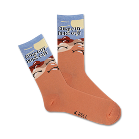orange crew socks with blue toes, heels, and the phrase "suns out buns out".  