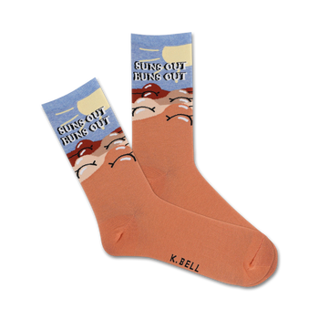 orange crew socks with blue toes, heels, and the phrase "suns out buns out".  