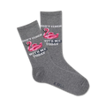 Pair of grey crew socks with pink flamingo inflatable pool toys and the text "Don't Flock With Me Today".