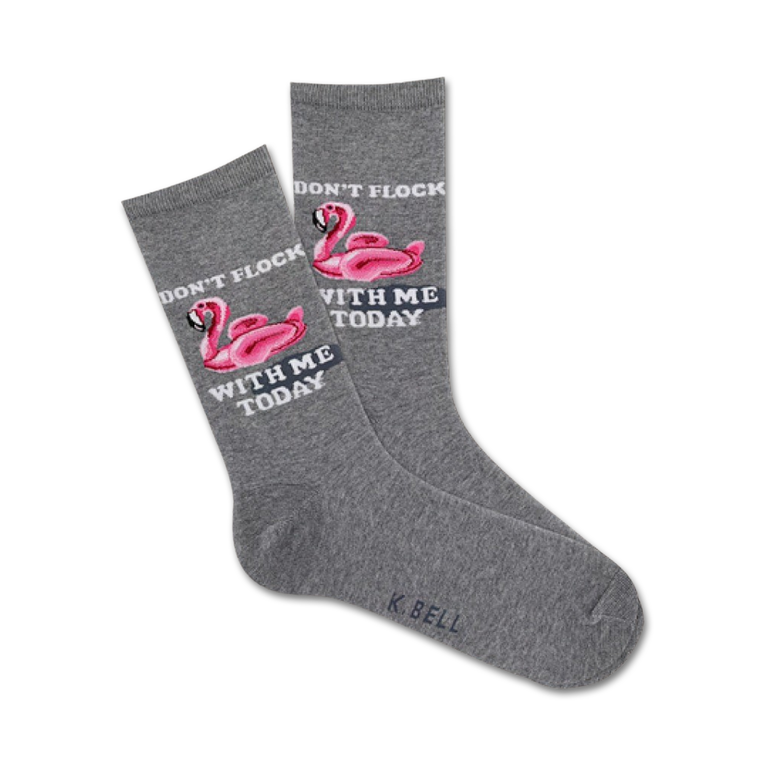 Pair of grey crew socks with pink flamingo inflatable pool toys and the text "Don't Flock With Me Today".