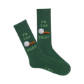 Pair of green crew socks with a golf ball and "I'd Tap That" graphic. 