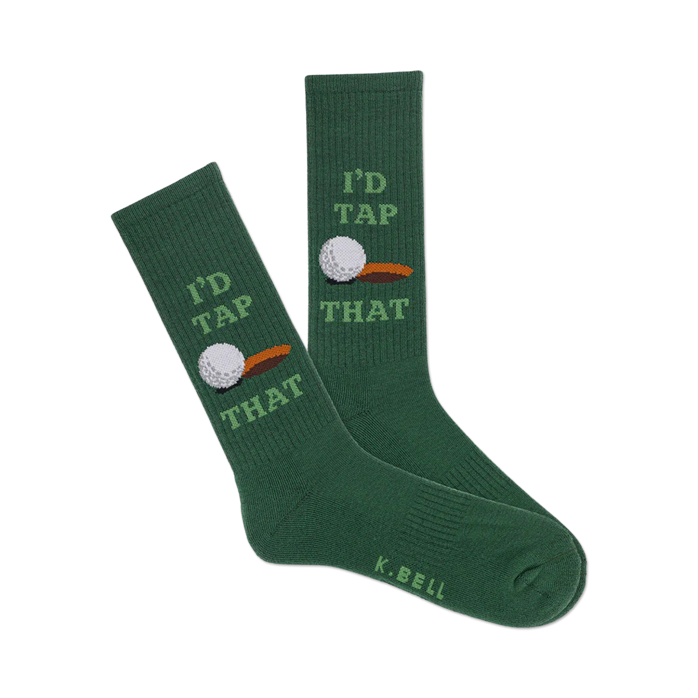 Pair of green crew socks with a golf ball and "I'd Tap That" graphic. 