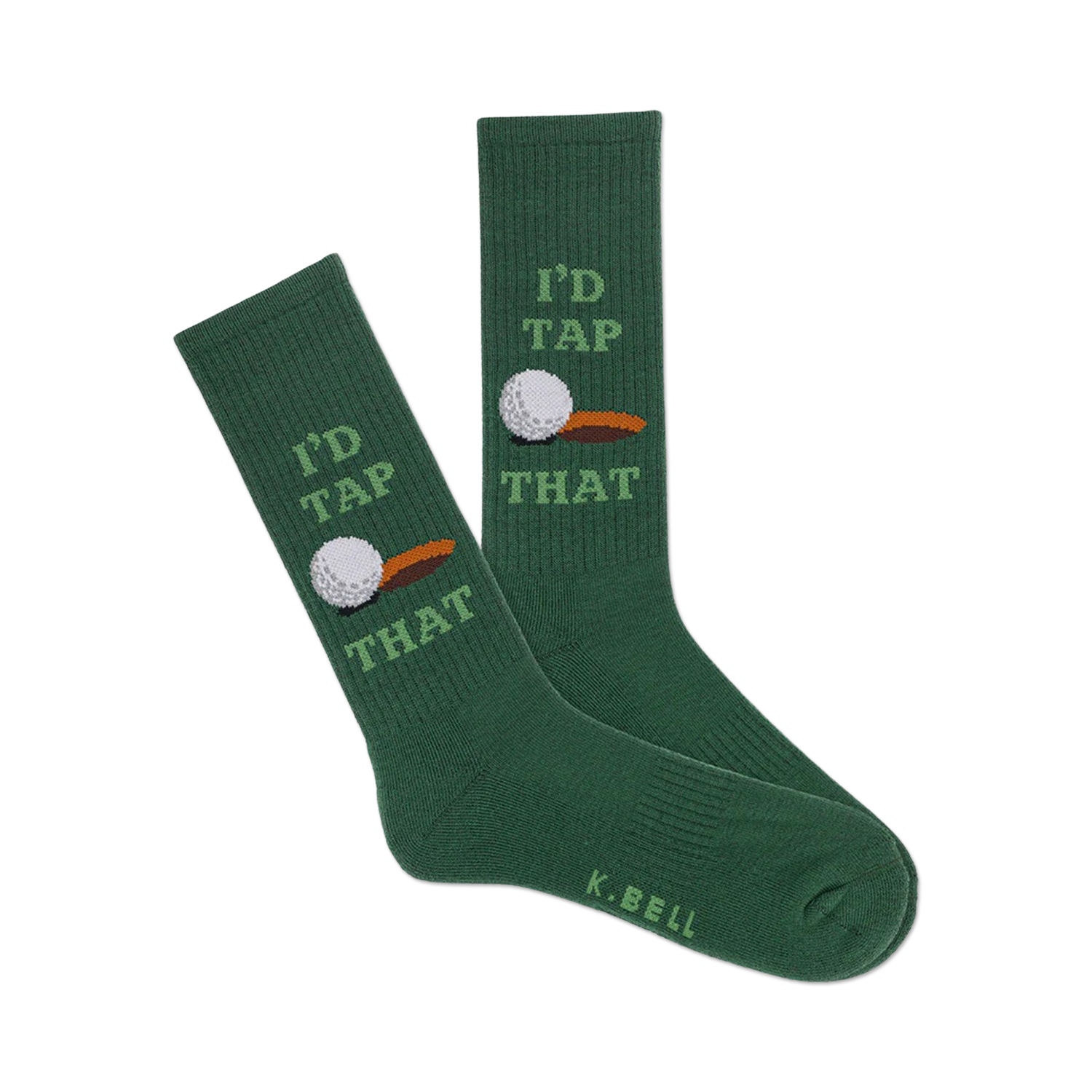 Pair of green crew socks with a golf ball and "I'd Tap That" graphic. 