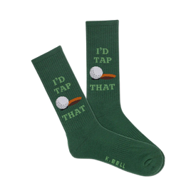 dark green mens' crew socks with white golf ball and brown golf tee. tap that active novelty socks.   