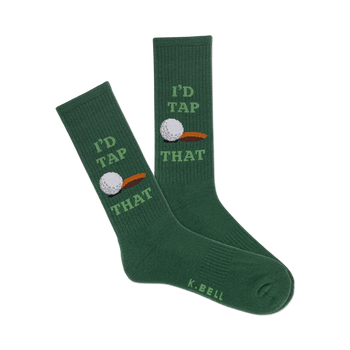 dark green mens' crew socks with white golf ball and brown golf tee. tap that active novelty socks.   