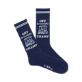 Pair of navy blue crew socks with a light grey golf cart graphic and the words 'Off Roading Champ'.  Features subtle light grey stripes near the top.