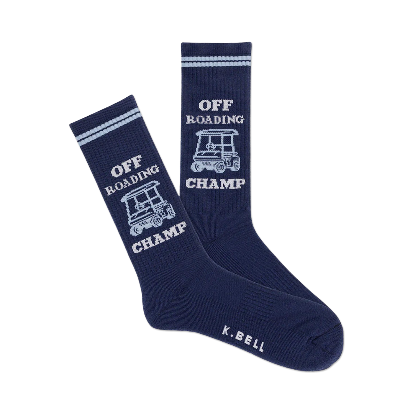 Pair of navy blue crew socks with a light grey golf cart graphic and the words 'Off Roading Champ'.  Features subtle light grey stripes near the top.