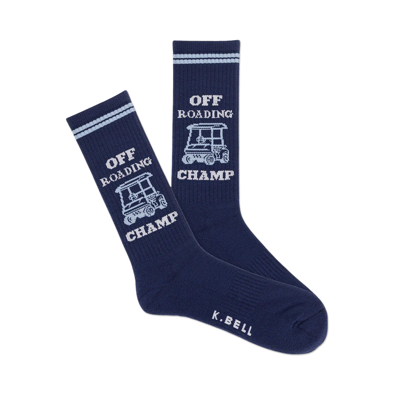 Pair of navy blue crew socks with a light grey golf cart graphic and the words 'Off Roading Champ'.  Features subtle light grey stripes near the top.