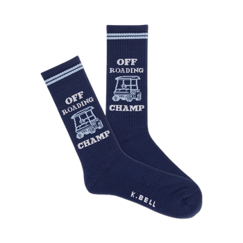 dark blue socks with white stripes and patch featuring the words "off roading champ". golf-themed. ideal for men.  
