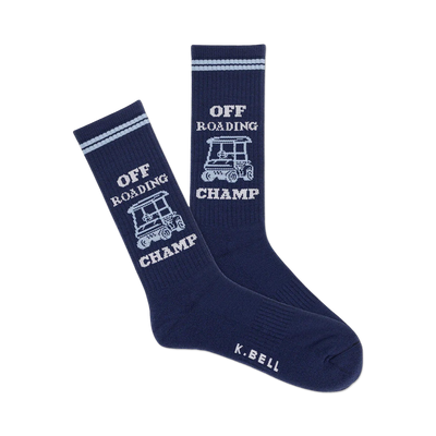 dark blue socks with white stripes and patch featuring the words "off roading champ". golf-themed. ideal for men.  