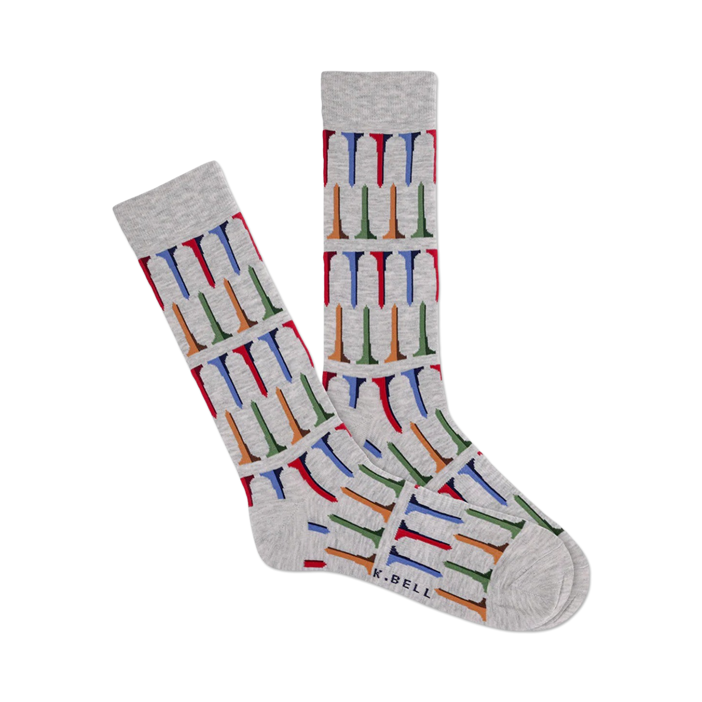 Pair of heather gray crew socks with a repeating pattern of multicolored golf tees. The socks are shown laid flat and feature a subtle 'K.BELL' brand marking.