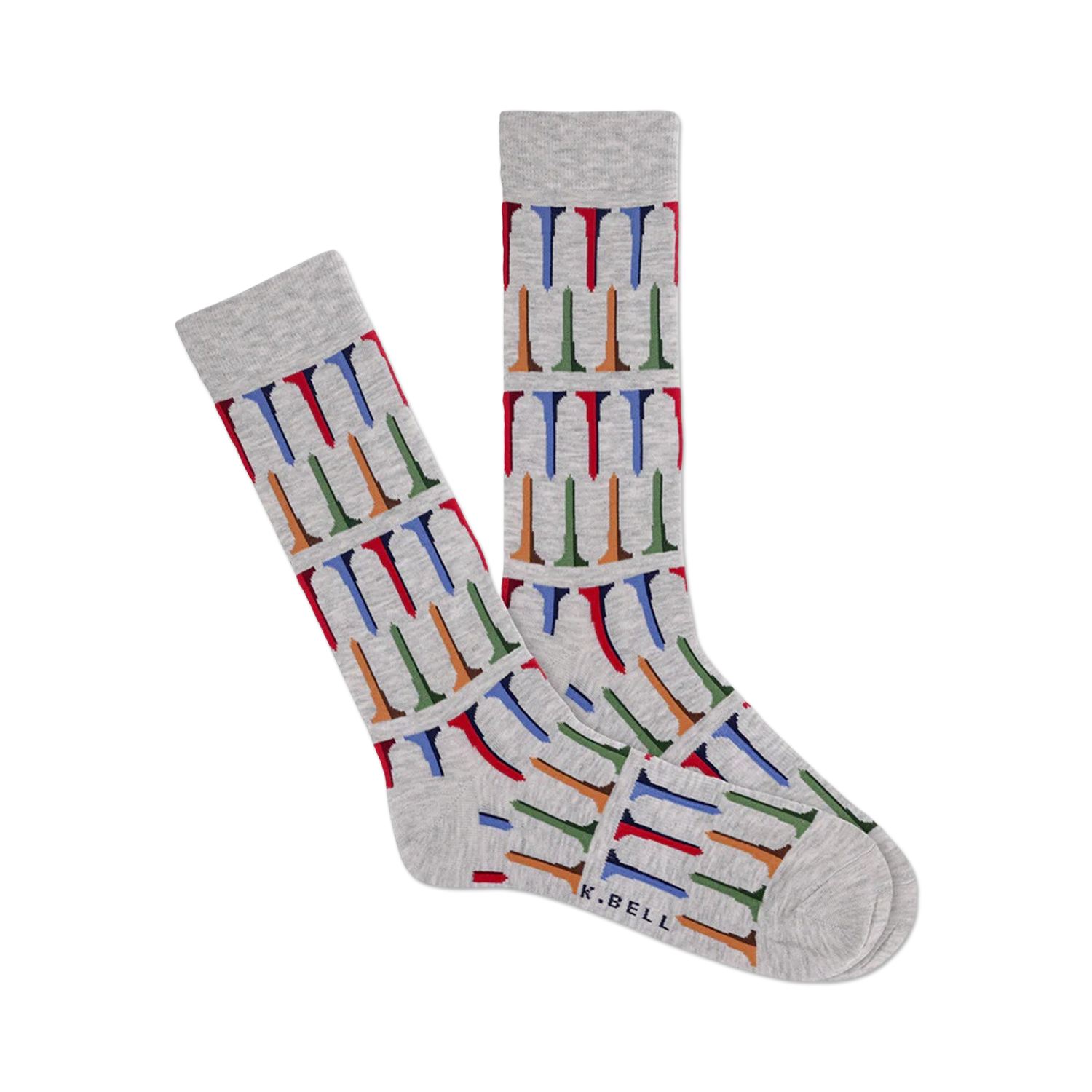 Pair of heather gray crew socks with a repeating pattern of multicolored golf tees. The socks are shown laid flat and feature a subtle 'K.BELL' brand marking.