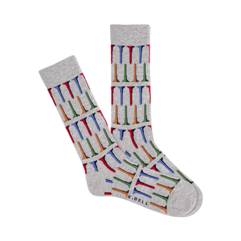men's gray crew socks with a pattern of colorful golf tees going up the leg.  