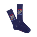 Pair of navy blue crew socks with a retro video game controller graphic and 'Retro Gamer' text. Red, white and grey details.