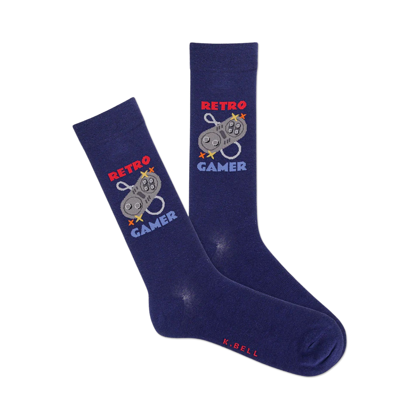 Pair of navy blue crew socks with a retro video game controller graphic and 'Retro Gamer' text. Red, white and grey details.