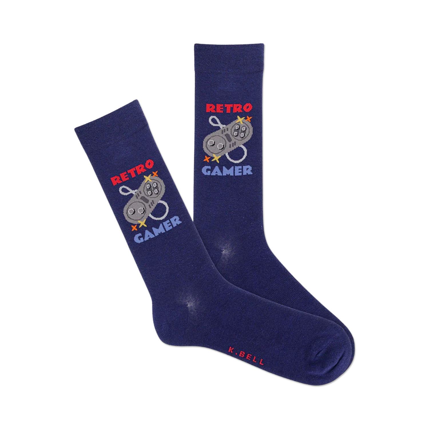 Pair of navy blue crew socks with a retro video game controller graphic and 'Retro Gamer' text. Red, white and grey details.