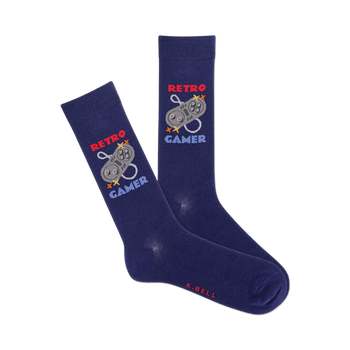 blue crew socks with 'retro gamer' text and 8-bit video game controller graphic.  