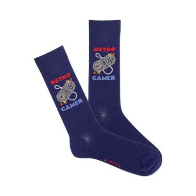 blue crew socks with 'retro gamer' text and 8-bit video game controller graphic.  