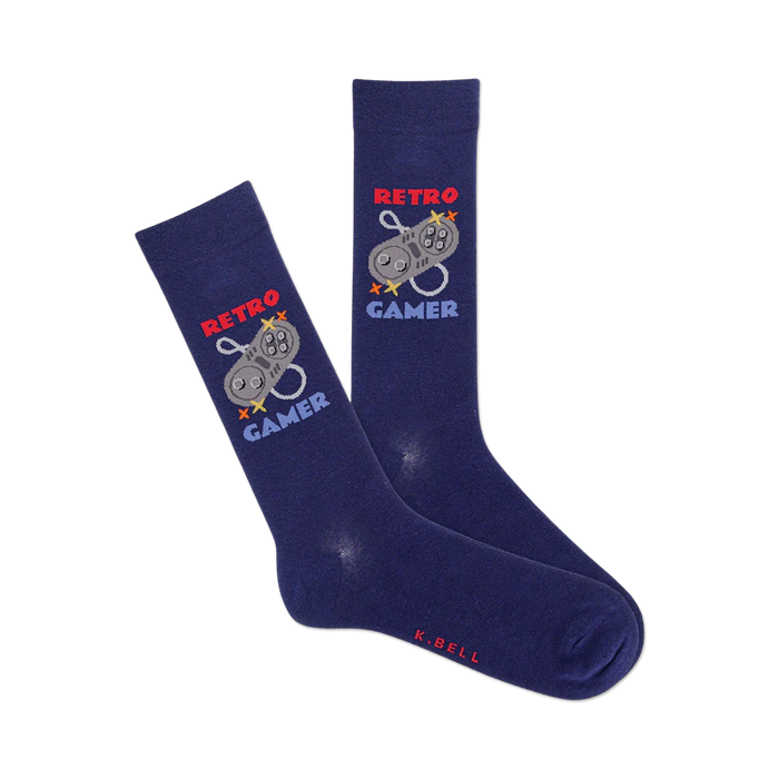 blue crew socks with 'retro gamer' text and 8-bit video game controller graphic.   }}