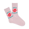 Pair of pink crew socks with a red carnation and teal 'What In Carnation' text.  Small stars and swirls complete the design.