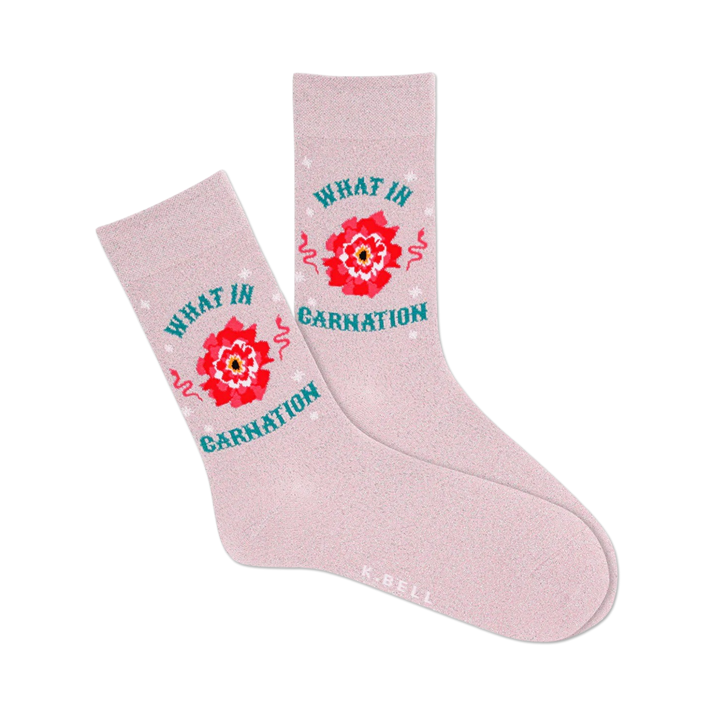 Pair of pink crew socks with a red carnation and teal 'What In Carnation' text.  Small stars and swirls complete the design.