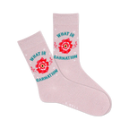Pair of pink crew socks with a red carnation and teal 'What In Carnation' text.  Small stars and swirls complete the design.