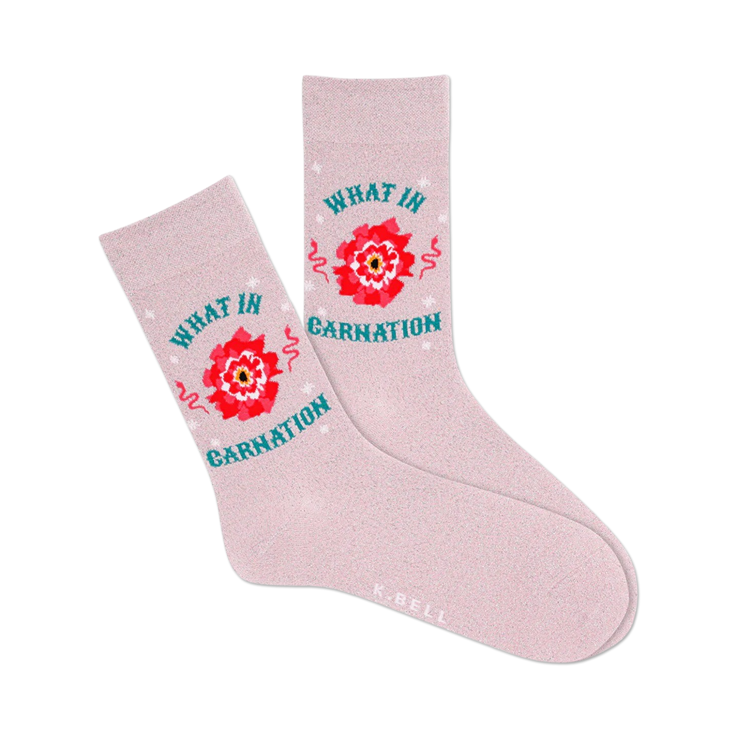 Pair of pink crew socks with a red carnation and teal 'What In Carnation' text.  Small stars and swirls complete the design.