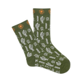 A pair of olive green crew socks with a pattern of white cacti and orange suns. 