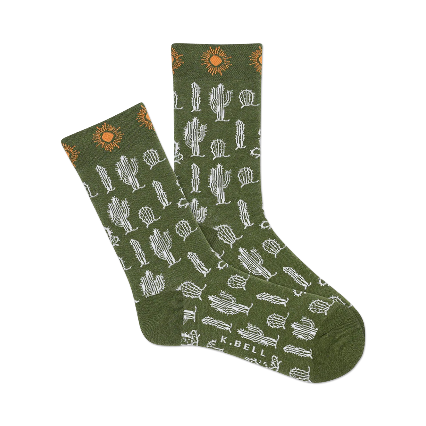 A pair of olive green crew socks with a pattern of white cacti and orange suns. 