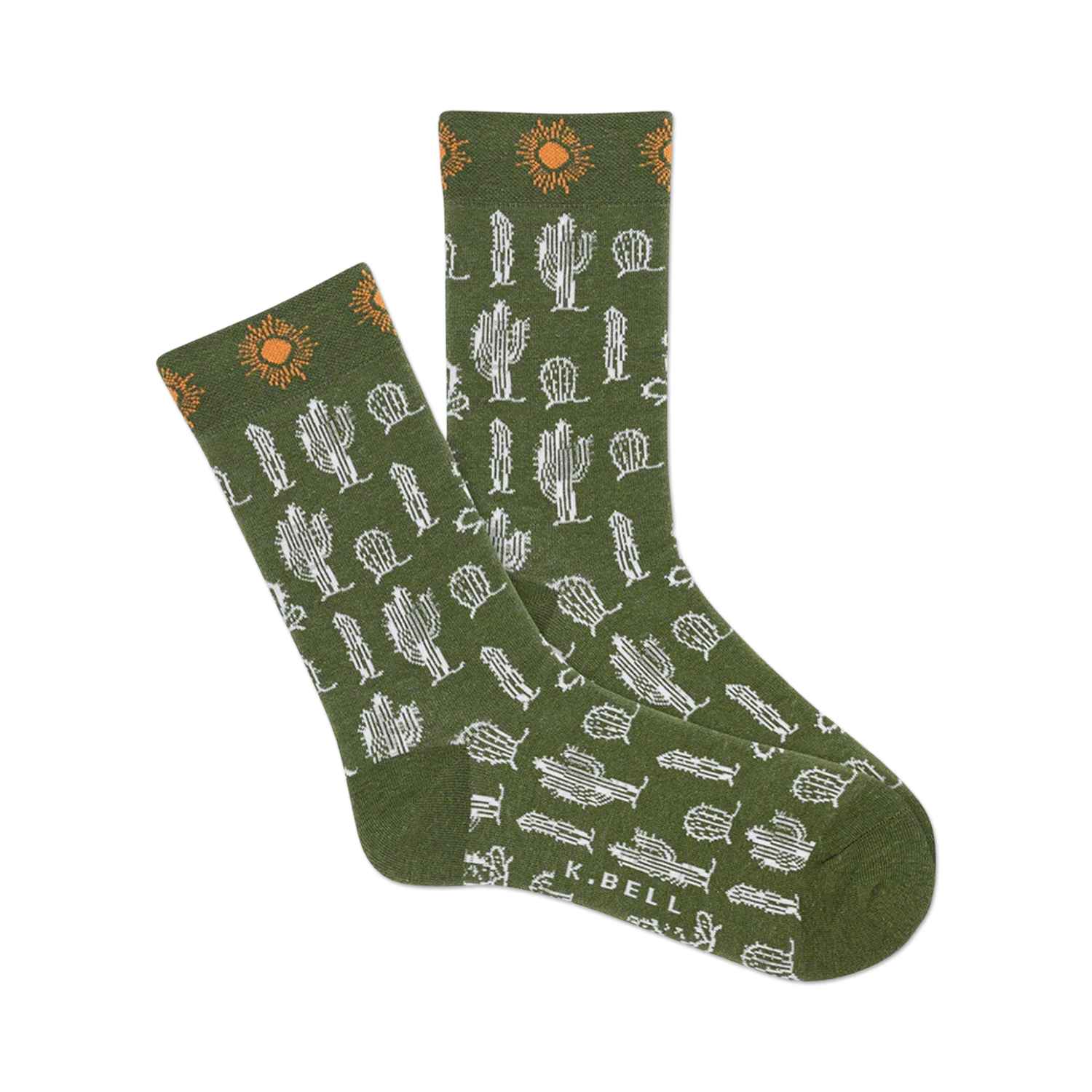 A pair of olive green crew socks with a pattern of white cacti and orange suns. 