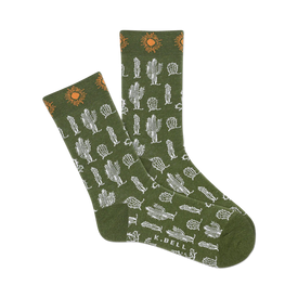 green crew socks with a pattern of white cacti and orange suns for women.  