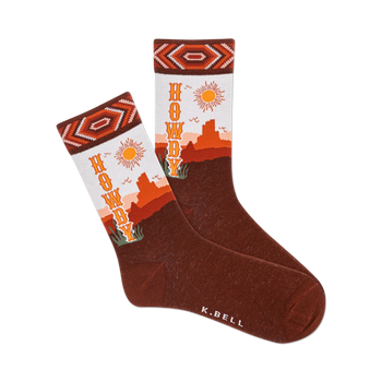 crew socks for women with a southwestern pattern and the word "howdy" in light blue.   