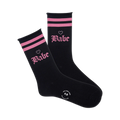 Pair of black crew socks with pink horizontal stripes and a pink 'Babe' graphic.  Small pink heart details accent the design.