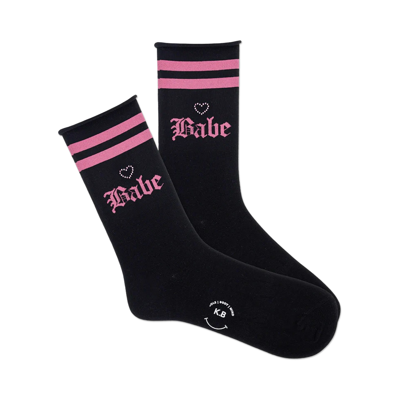 Pair of black crew socks with pink horizontal stripes and a pink 'Babe' graphic.  Small pink heart details accent the design.