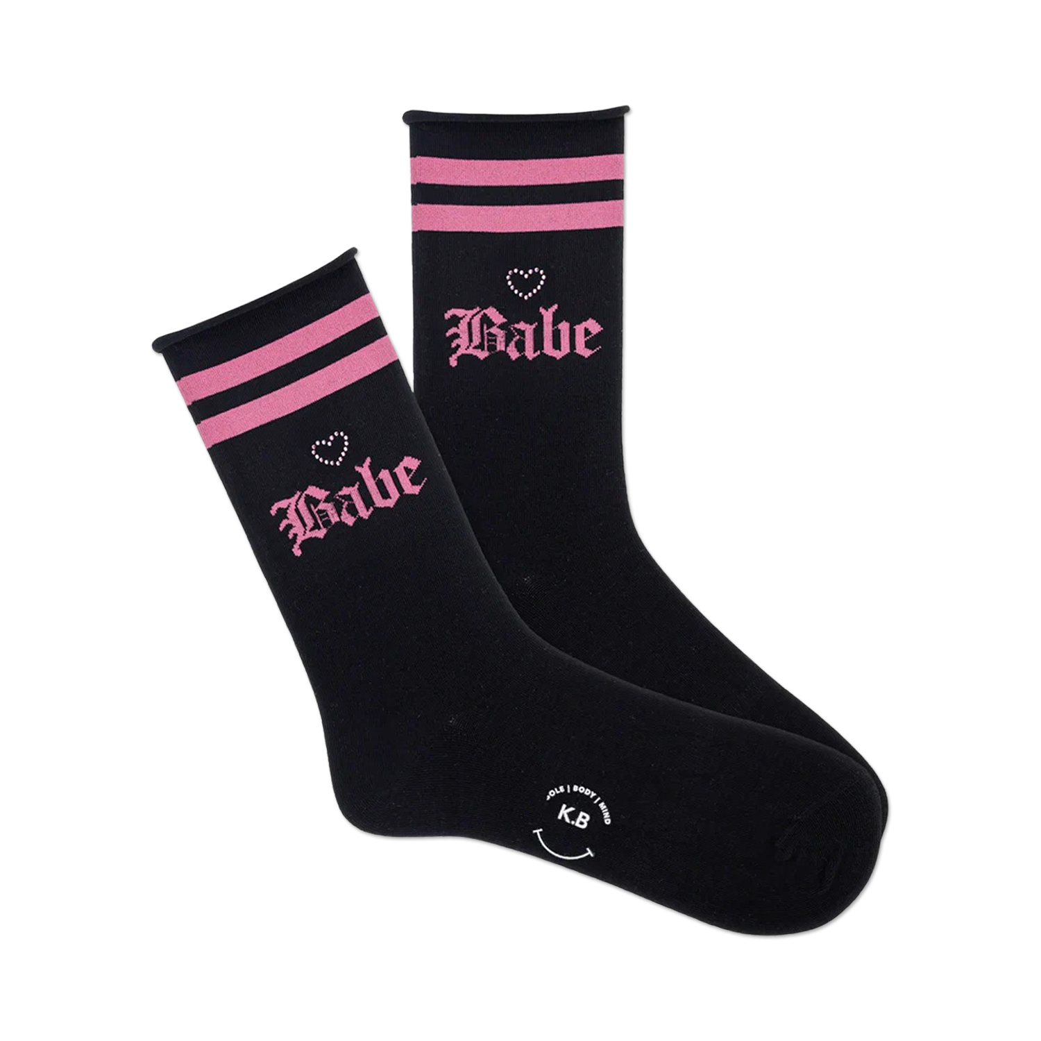Pair of black crew socks with pink horizontal stripes and a pink 'Babe' graphic.  Small pink heart details accent the design.