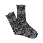 Pair of black sheer lace socks with intricate floral patterns and scalloped edges. Cut/sew design.