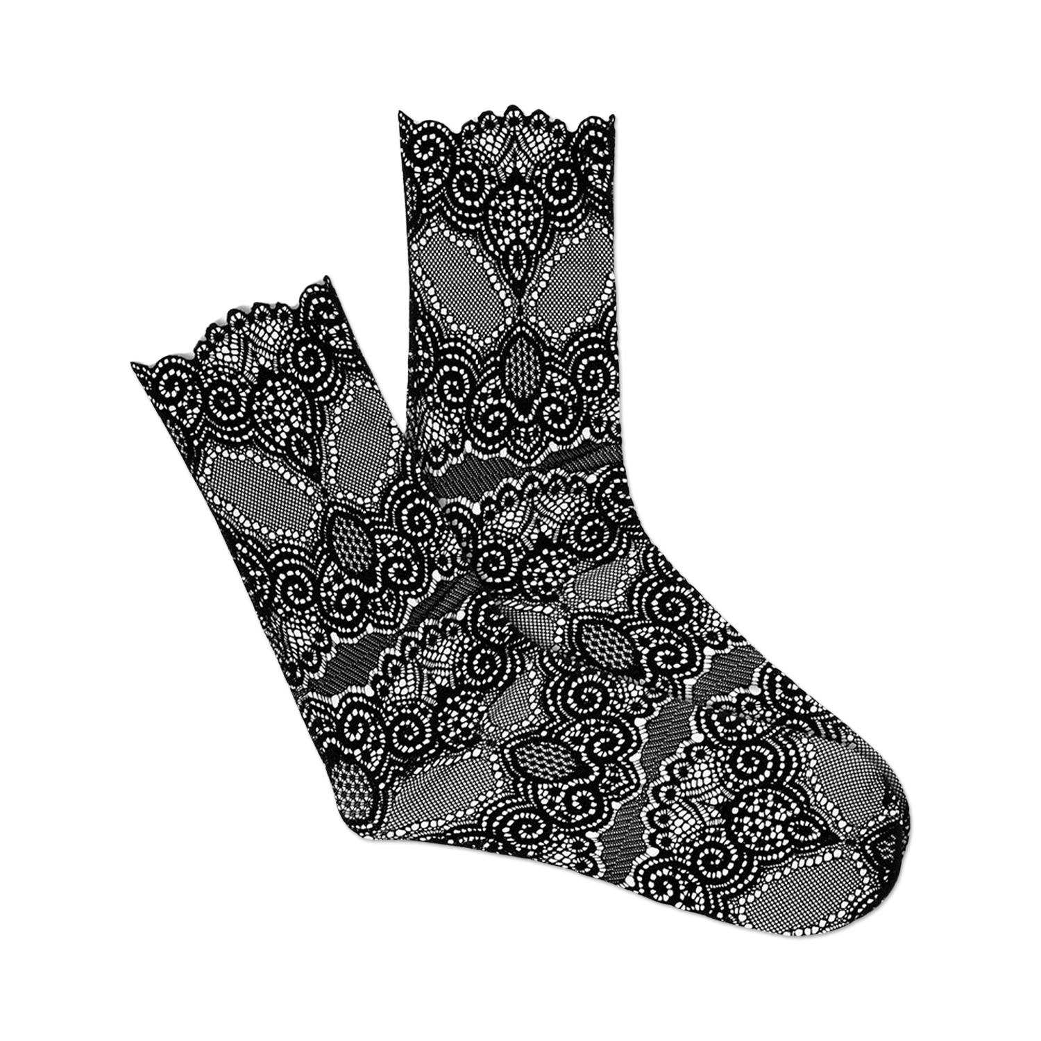 Pair of black sheer lace socks with intricate floral patterns and scalloped edges. Cut/sew design.