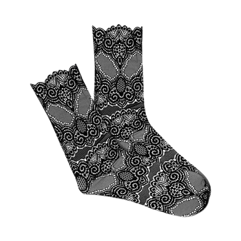 black lace socks with floral pattern for women. lace cut/sew crew socks.  