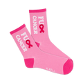 Pair of pink crew socks.  Features a pink ribbon and 'FU CANCER' in white lettering.