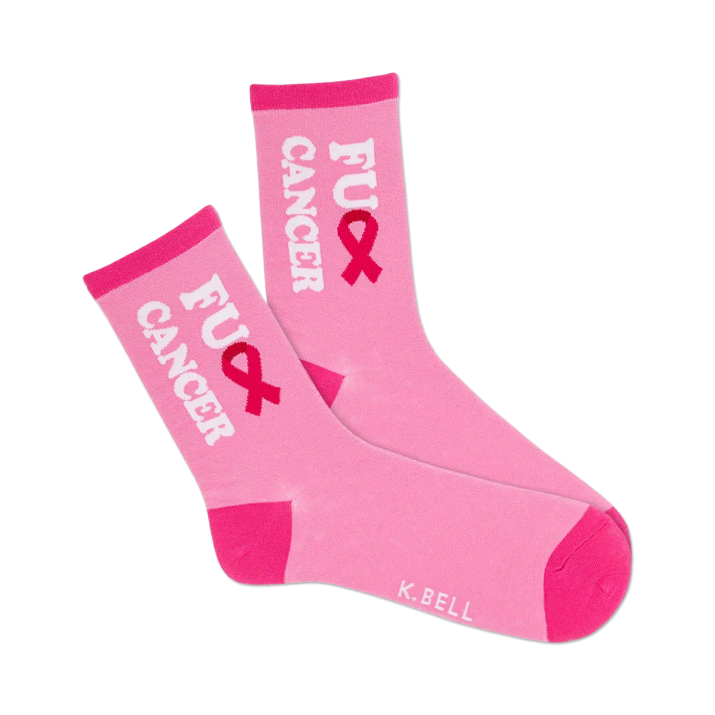 Pair of pink crew socks.  Features a pink ribbon and 'FU CANCER' in white lettering.