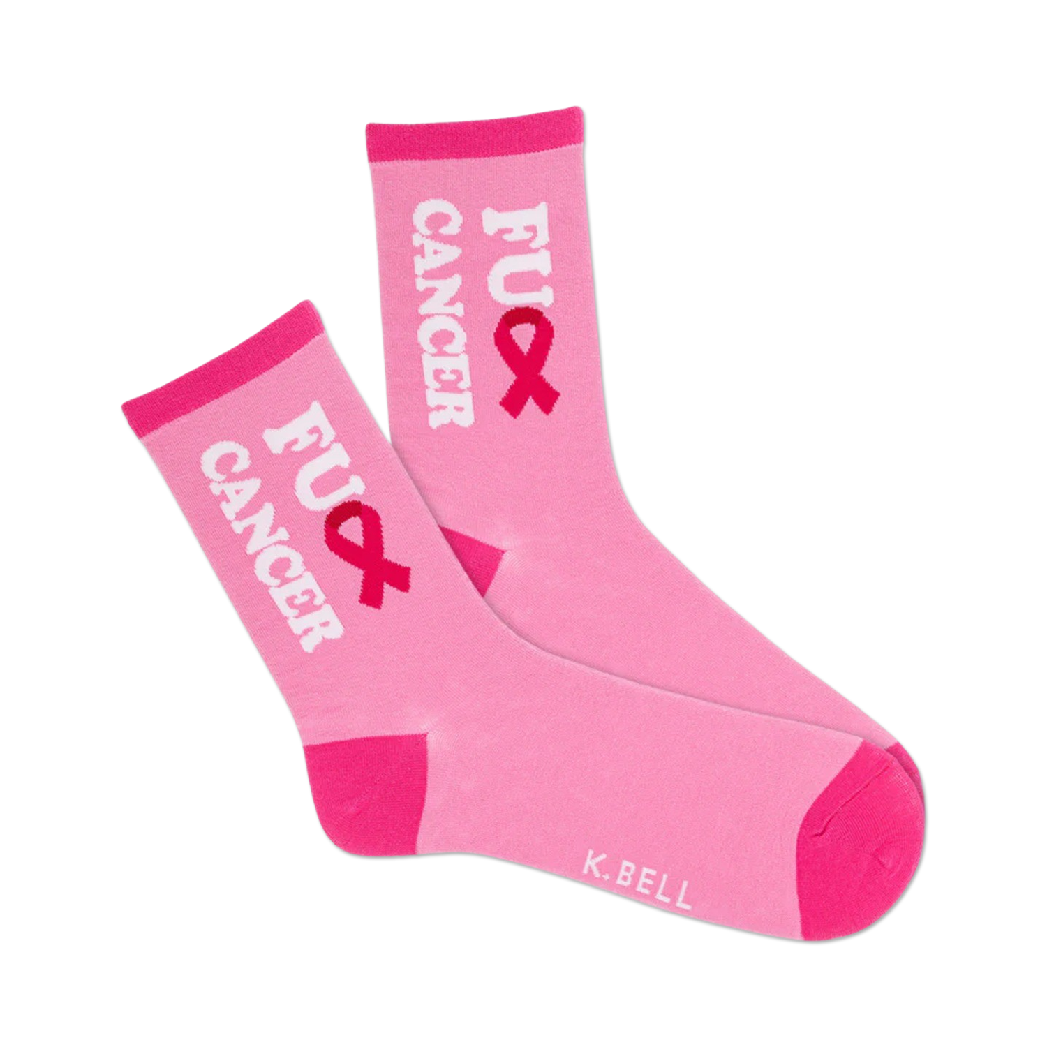 Pair of pink crew socks.  Features a pink ribbon and 'FU CANCER' in white lettering.