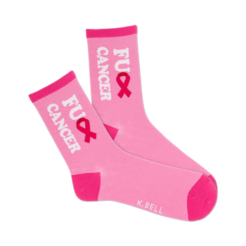  pink crew socks with a bold "fu cancer" message and pink ribbon motif, designed to promote cancer awareness and inspire hope.  