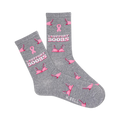 Grey crew socks with a pink breast cancer awareness ribbon and bras, and the text 'I SUPPORT BOOBS'.