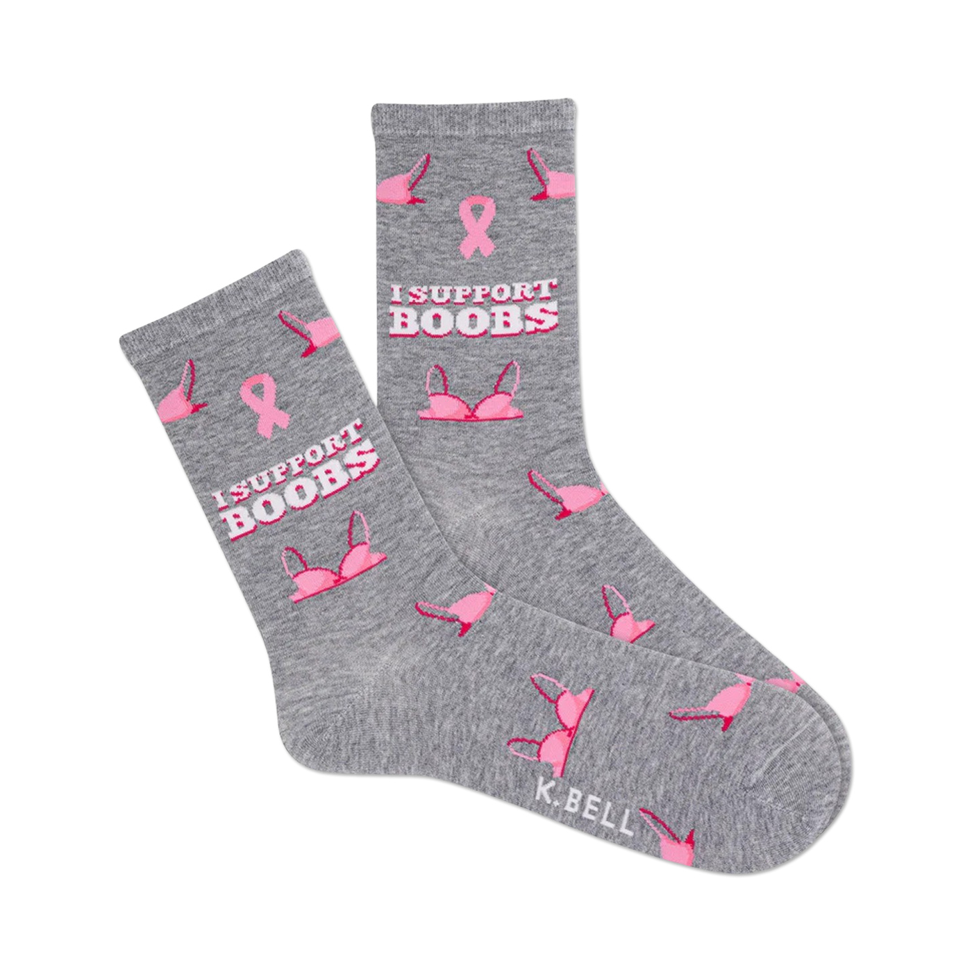 Grey crew socks with a pink breast cancer awareness ribbon and bras, and the text 'I SUPPORT BOOBS'.