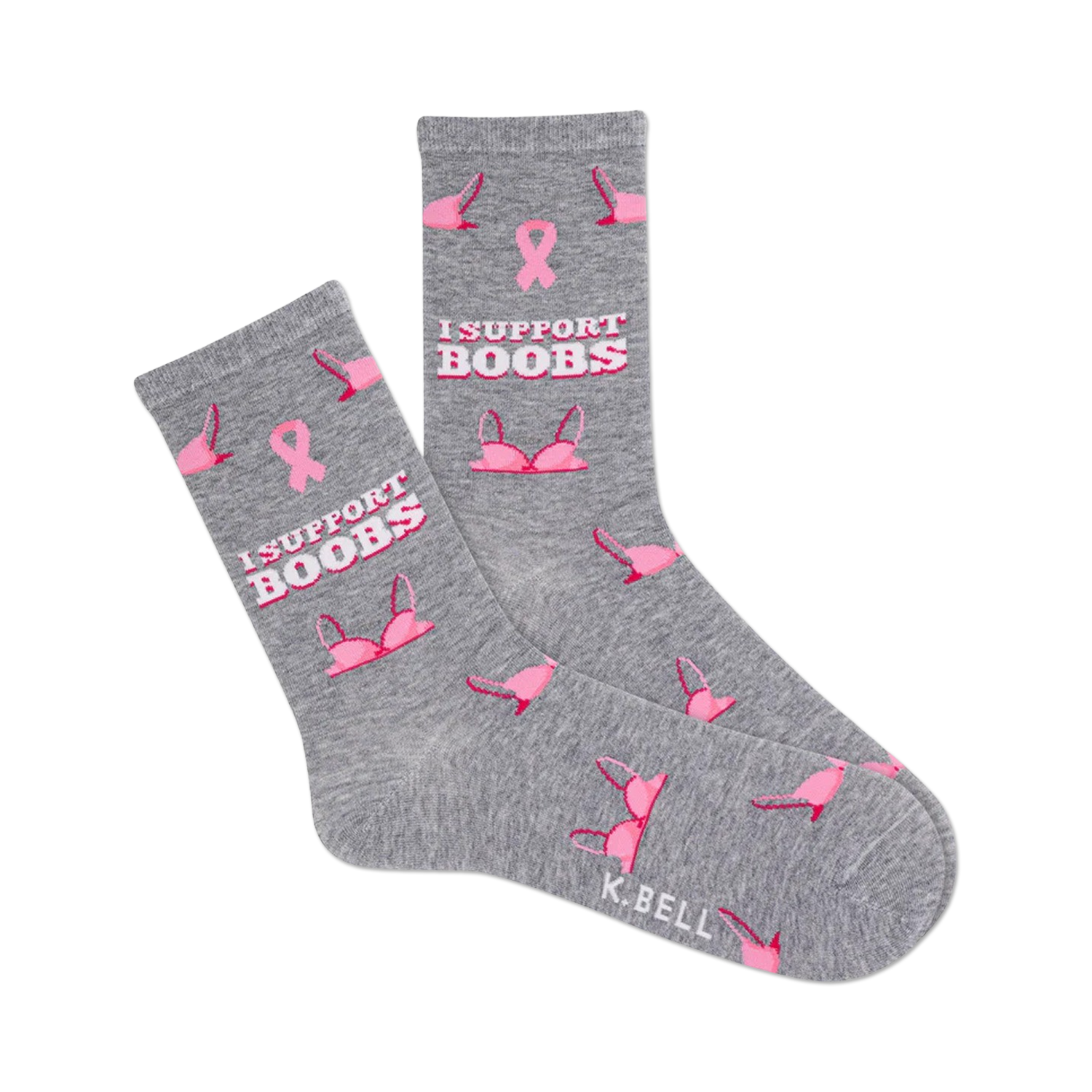 Grey crew socks with a pink breast cancer awareness ribbon and bras, and the text 'I SUPPORT BOOBS'.