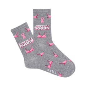 gray crew socks with pink ribbon and "i support boobs" message, supporting cancer awareness.  