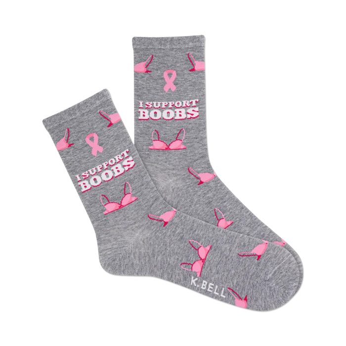 gray crew socks with pink ribbon and 
