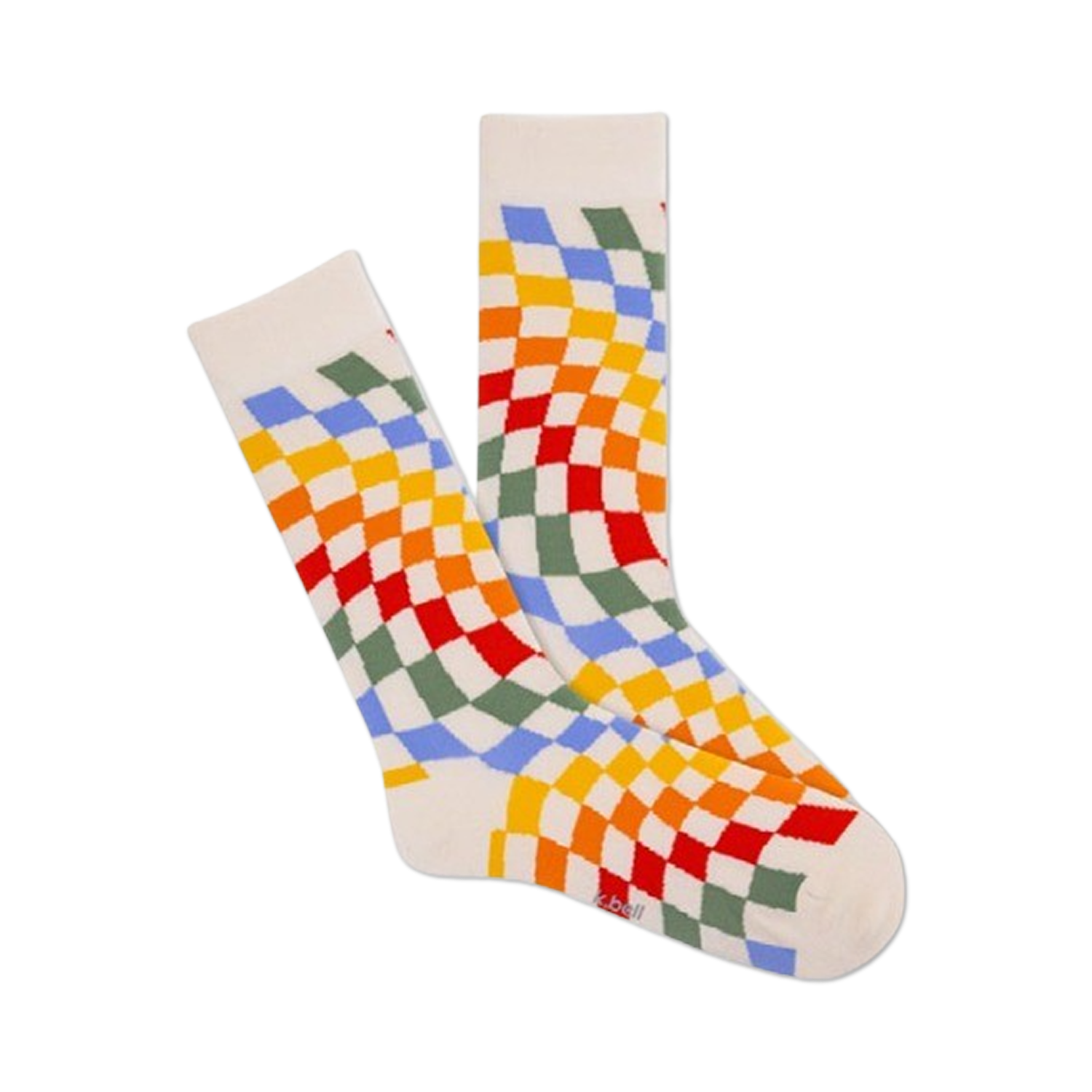 Pair of cream crew socks with a wavy rainbow checkerboard pattern.  Colors include red, orange, yellow, green, and blue.