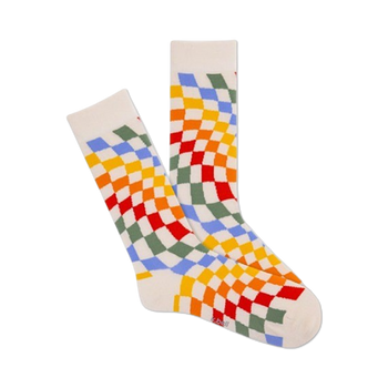 retro wave checkerboard crew socks for men: white background with a multicolored checkerboard pattern; colors: red, orange, yellow, green, blue, light blue.   