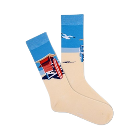 mens crew socks with white and blue background, red and white beach hut pattern, blue seagulls and green palm trees.  